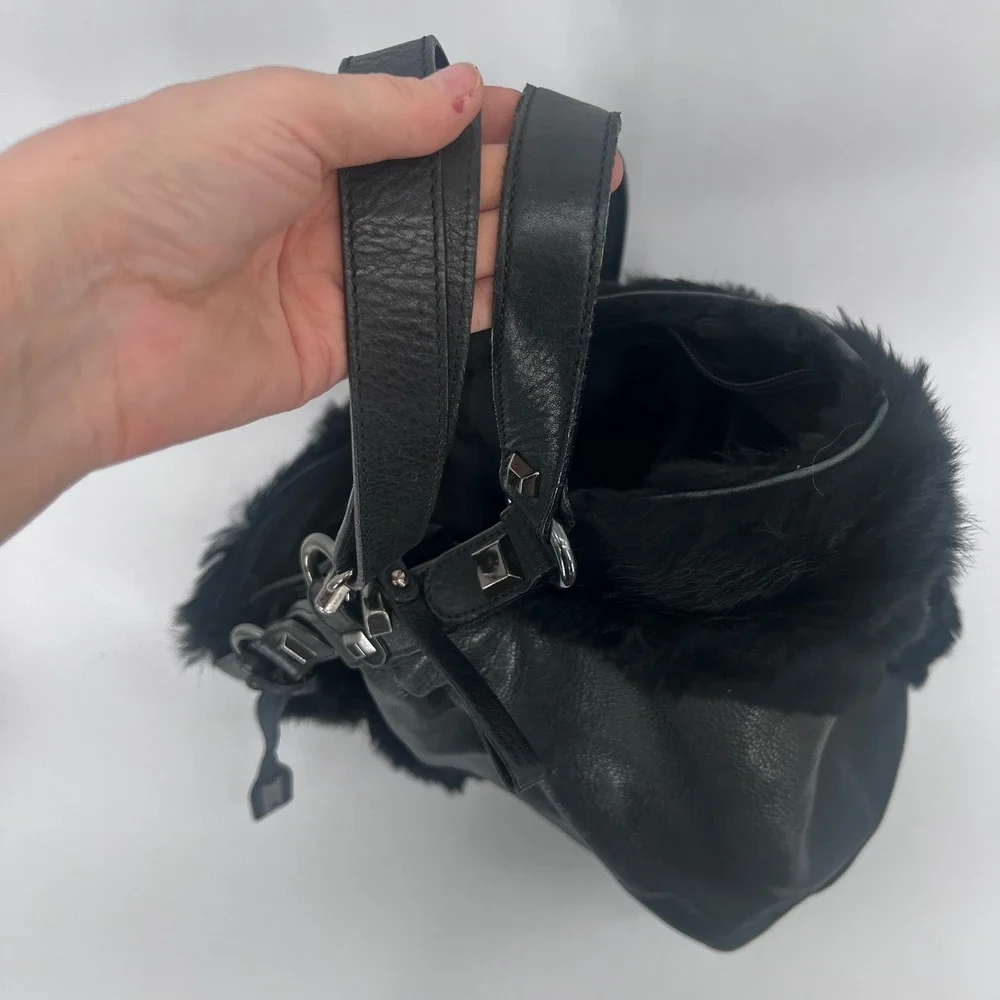 Abro‎ Black Leather & Faux Fur Studded Slouchy Shoulder Bag Dark Edgy Mob Wife